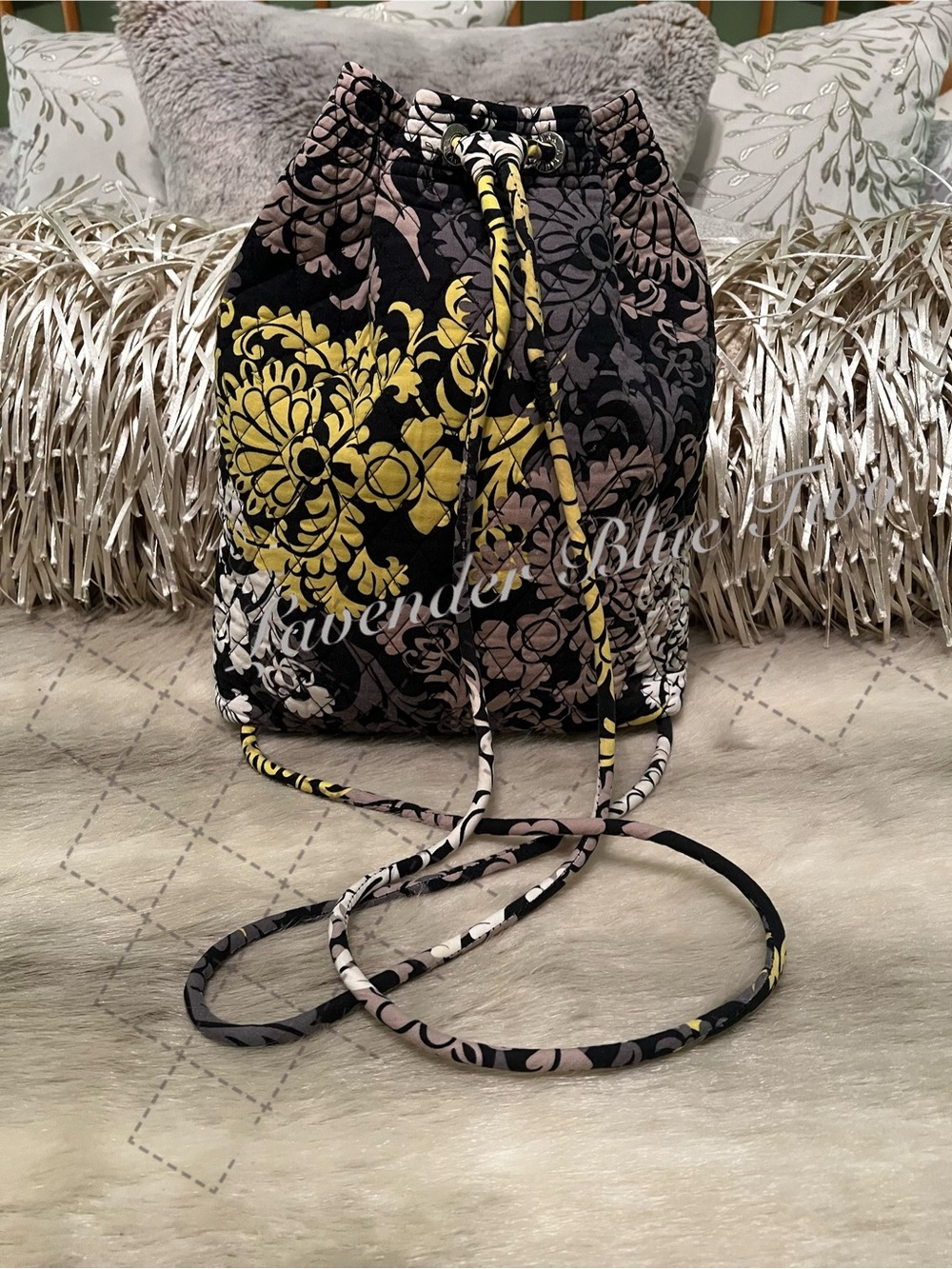 VERA BRADLEY Baroque 2010 Drawstring Zipper Front Backpack Y2K Black Yellow Flor - Picture 7 of 14